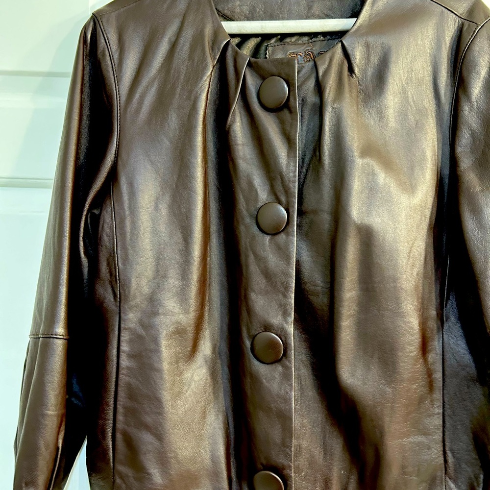 Chocolate brown soft lamb leather short ladies jacket.